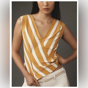 Anthropologie Maeve Sleeveless V-Neck Top yellow cream asymmetrical stripe M